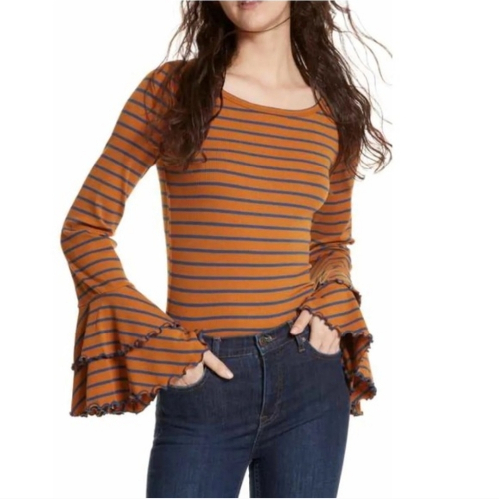 We The Free Striped Ruffle Bell Sleeve Top Orange and Black Size Small Boho Fall